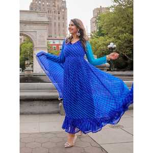 Robe Fusion bleue élégante en forme de A, taille XS, en tissu mousseline avec design Lehariya Maxi et taille empire - Product Image 5