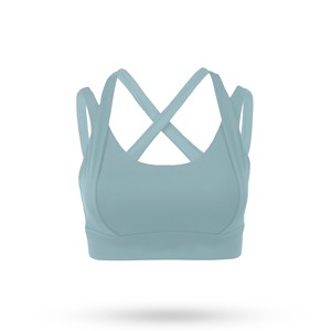 Women's Light <b>Blue</b> Crisscross Back Sports <b>Bra</b> Scoop Neck Seamless Medium Support Yoga Breathable Solid Style - Product Image 1