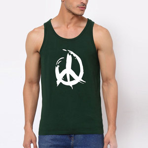 Men's Green Tank <b>Top</b> With <b>White</b> Peace Symbol Print O-Neck Casual Style Breathable Cotton Workout Wear - Product Image 1