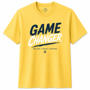 เสื้อยืดพิมพ์ลาย Game Changer สีเหลืองมัสตาร์ดสำหรับผู้ชาย แขนสั้น คอกลม ทรงปกติ สวมใส่สบาย ผ้าฝ้าย 100% ระบายอากาศได้ดี ด้านหน้าเป็นผ้าเทอร์รี่ - Product Image 1