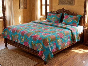 Floral Bird Print Bohemian <b>King</b> Modern All-Season Printed Denim Patchwork Handmade Cotton Filling Home Use Quilt <b>Bedspread</b> - Product Image 3