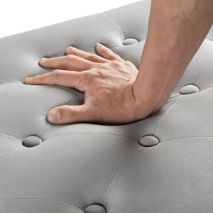 Panca contenitore imbottita grigia con bottoni trapuntati e finiture a chiodi, morbida e imbottita, per ingresso, soggiorno o camera da letto, con braccioli - Product Image 5