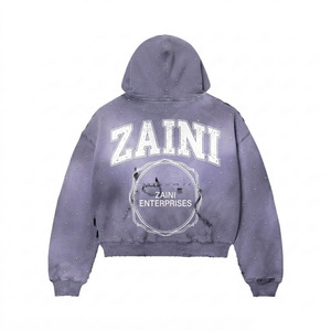 Sudadera con capucha y cremallera de felpa 100% algodón premium de 500 GSM, lavado ácido, corte holgado para hombre, con logotipo personalizado de pedrería y efecto desgastado, ODM - Product Image 2