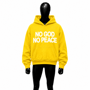 Sudadera con Capucha Gráfica Oversize Unisex Amarilla 'No God No Peace' Estilo Urbano Casual para Hombre y Mujer, Top con Capucha de Moda Atrevida - Product Image 1