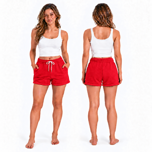 Shorts en coton rouge uni pour femme, taille haute, cordon élastique, décontracté, tricoté, coupe régulière, respirant - Product Image 1