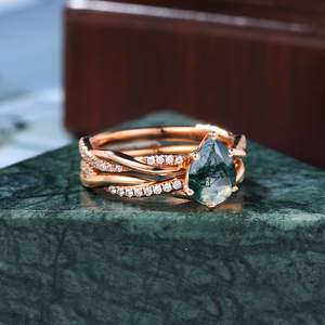 Anillo de Compromiso de Ágata Musgosa con Oro Rosa y Moissanita, Anillo de Boda, Joyería Nupcial Única - Product Image 5