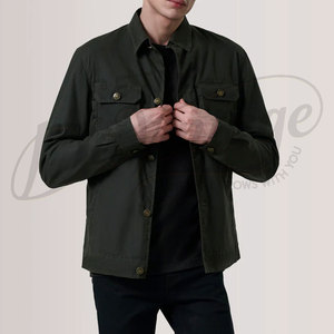 Chaqueta de algodón verde oscuro para hombre, estilo casual, corte ajustado, con botones, ligera, estilo utilitario, ropa de calle, camisa de moda. - Product Image 1