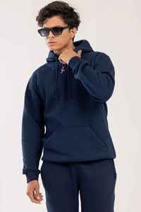 <b>Men's</b> <b>Navy</b> Blue Hooded Sweatshirt Regular Fit Solid Color <b>Fleece</b> Casual Knitted Hoodie Autumn Wear OEM ODM - Product Image 3