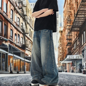 Jeans de Pierna Ancha para Hombre, Denim Lavado, Corte Holgado, Casual, Cintura Media, Estilo Otoñal - Product Image 2
