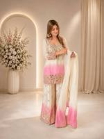 Ensemble haut et pantalon palazzo en georgette blanc et rose pour femme, avec broderie miroir véritable, dupatta, entièrement cousu, tenue ethnique pour fêtes et mariages