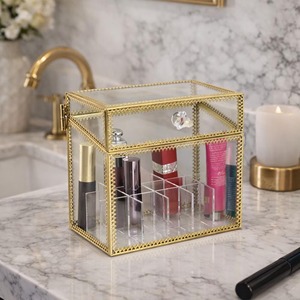 Lavish Glass And Metal Gold Edge Lipstick <b>Box</b> Organizer For Vanity Storage And Luxury Makeup Display Handcrafted From India - Product Image 5