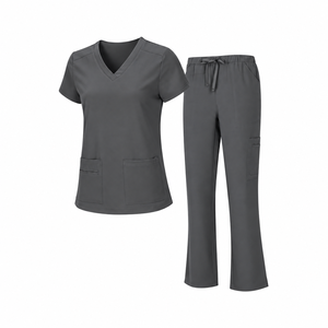 Charcoal <b>Grey</b> Medical Scrub Set <b>Womens</b> V Neck Short Sleeve Pocket Top Drawstring <b>Trousers</b> Nursing Uniform Hospital Clinic Plain - Product Image 1