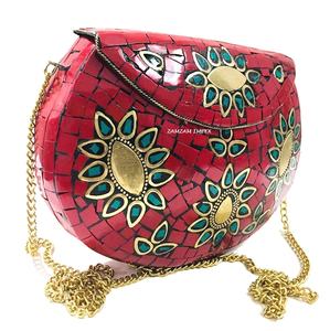 Handcrafted Red Stone Mosaic Evening Purse Elegant <b>Clutch</b> Bag with Metal Frame for Weddings, Parties, and Special Occasions - Product Image 3