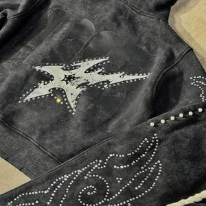 Ensemble de survêtement vintage personnalisé pour homme, deux pièces, avec strass, imprimé effet vieilli, coupe jogger, délavé à l'acide, évasé, style streetwear - Product Image 5