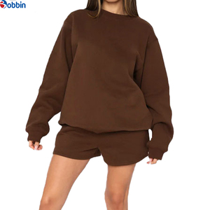 Customizable Women's Solid 2-Piece Sweatshirt & Shorts <b>Set</b> Full Sleeve Crew Neck Loose Fit Casual All Seasons <b>Knitted</b> Cotton - Product Image 4