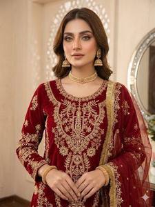 <b>Red</b> Classic A-Line Georgette <b>Sequined</b> Embroidered Party Dress with Dupatta Women Salwar Kameez Set Wedding Festival Wear - Product Image 4