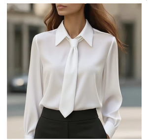 Blusa Elegante de Oficina para Mujer, Blanca, Satinada, con Cuello Cruzado, Corte Regular, Color Sólido, Manga Larga, Tejido de Punto - Product Image 2