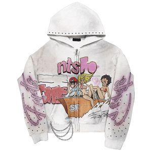 Sweat-shirts à capuche pour hommes personnalisés de haute qualité avec logo en strass, lavage à l'acide, broderie, fermeture éclair, strass - Product Image 2