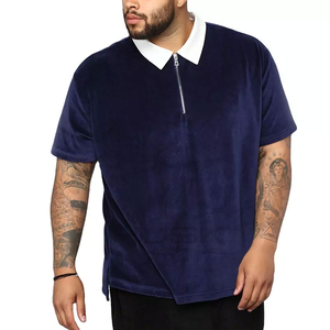 Streetwear OEM Custom Logo Mens High Quality Blue Velvet Polo <b>Shirts</b> Summer Short Sleeve Turndown Rib <b>Collar</b> Zip Men <b>T</b> <b>Shirt</b> - Product Image 5