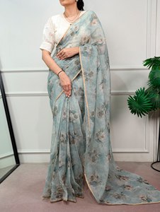 Sari Ligero Kota Doria con Estampado Floral y Blusa Bordada Lucknowi de Algodón Cosido, Elegante Traje Étnico Tradicional para Mujer - Product Image 4