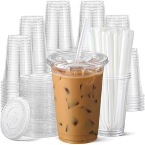 Bicchieri di Plastica Trasparenti Usa e Getta da 24 oz con Coperchi e Cannucce, Confezione da 100 per Caffè Freddo, Bevande Fredde, Frullati - Product Image 1