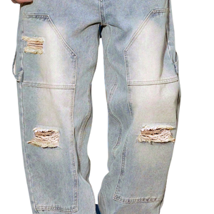 Jeans de Mezclilla para Hombre, Estilo Y2K, Color Azul Hielo Lavado, Corte Holgado, Pierna Recta, Cintura Media, Secado Rápido, Transpirables, Rotos, 100% Algodón, Casuales - Product Image 5