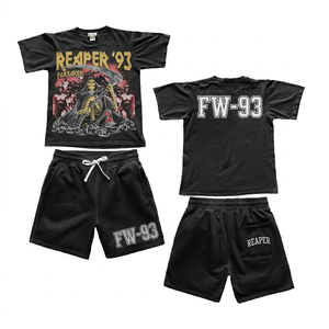 Ensemble t-shirt et short en coton 220 GSM de haute qualité, bleu et noir, avec détails rivets et logo imprimé en relief, 2 pièces. - Product Image 3