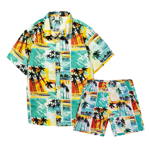 ชุดเสื้อเชิ้ตแขนสั้นลายทรอปิคอลสำหรับผู้ชาย ชุดลำลองฤดูร้อน ผ้าถักโพลีเอสเตอร์ระบายอากาศ ชุดสองชิ้น - Product Image 5