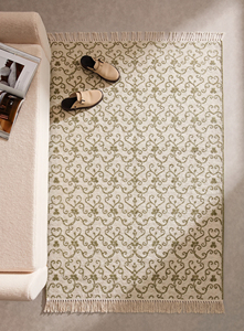 พรมตกแต่ง DECORDEC สีเขียวมะกอกงาช้าง ทำจากขนสัตว์ ทอแบบแบน กันลื่น เป็นมิตรกับสิ่งแวดล้อม ลายเถาวัลย์ พร้อมชายครุยสีขาว - Product Image 6