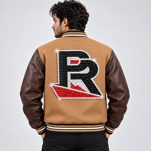 Chaqueta universitaria de animadoras para hombre, estilo Letterman con pedrería, chaqueta bomber personalizada para equipo de animadoras con mangas de cuero, la mejor calidad - Product Image 2