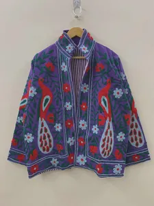 Chaqueta de algodón morado hecha a mano, elegante, con cuello mandarín, mangas largas, frente abierto, estilo étnico, para mujer. - Product Image 3