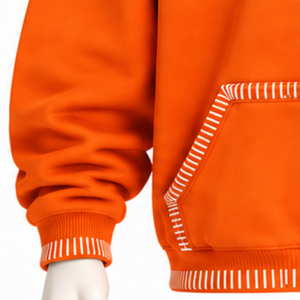 <b>Orange</b> Stitched Border Distressed Pullover <b>Hoodie</b> Oversized Streetwear Sweatshirt Contrast Stitch Kangaroo Pocket Casual Wear - Product Image 5