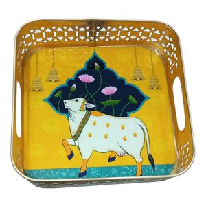 Bandeja para Servir con Diseño Cortado a Láser, Recubierta de Esmalte, Madera Ecológica, Decorativa Art Deco Pichwai - Product Image 3