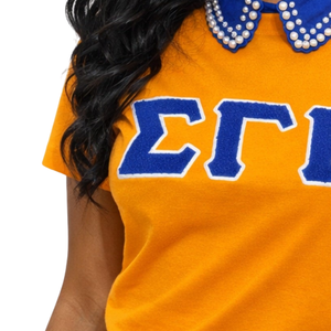 T-shirt en chenille dorée Sigma Gamma Rho pour femme, broderie de lettres grecques, mélange de coton, manches courtes, coupe décontractée et élégante - Product Image 4