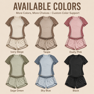 Ensemble de sport 2 pièces pour femme, beige et marron, avec empiècements en maille, manches courtes, col rond, tenue de sport printemps-été - Product Image 3