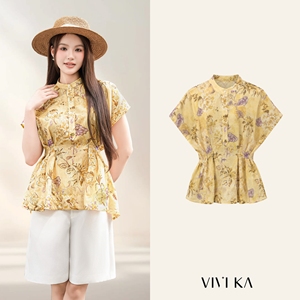 Women's <b>Linen</b> Floral Print Chiffon Blouse Mandarin Collar Cap Sleeve Loose Fit Casual Spring Summer <b>Top</b> VENUS - Product Image 1