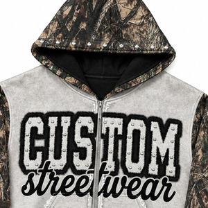 Custom Camo And Grey Zip Up Hoodie With Studded Patch Work And Custom Print Design For Unisex Wear - Product Image 3