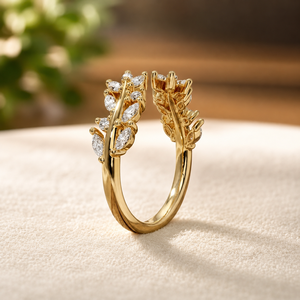 14K Plated Yellow Gold Wedding <b>Ring</b> Moissanite Open Band <b>Ring</b> Leaf Design <b>Adjustable</b> Women Engagement Jewelry - Product Image 2