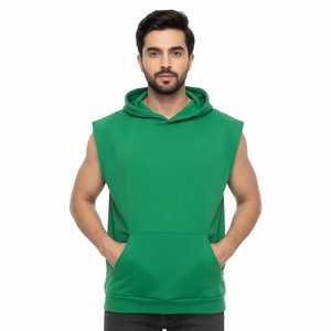 <b>Men</b> Hooded Sleeveless Tank Top Solid <b>Green</b> French Terry Casual Workout Shirt Regular Fit Pocket Design Autumn Wear - Product Image 1