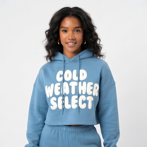 Survêtement court personnalisé imprimé en relief pour femme, 100 % coton molletonné, avec sweat à capuche court et pantalon évasé - Product Image 5