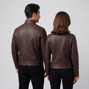 Wholesale Genuine Leather Sporty Long Motorcycle <b>Biker</b> <b>Jacket</b> with Stand Collar Zipper Closure Waist Belt & Chest Pocket-Unisex - Product Image 2
