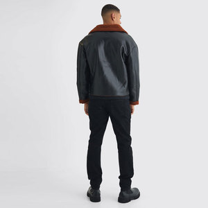 <b>Men's</b> Genuine Leather <b>Shearling</b> Jacket With Zipper Closure Winter Moto Style Thick Warm <b>Coat</b> Black Color Regular Fit - Product Image 4