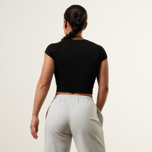 Top Corto Negro para Mujer, Cuello Redondo, Tejido Sólido de Spandex y Poliéster, Estilo Casual, Transpirable, Corto - Product Image 2