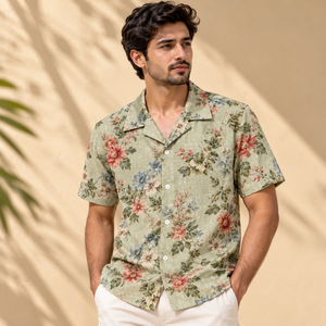 Elegant Mens Cotton Slub Camp Collar <b>Shirt</b> Short Sleeve Floral Printed Beach Wear Casual Summer Resort Fashion Wholesale Supply - Product Image 3