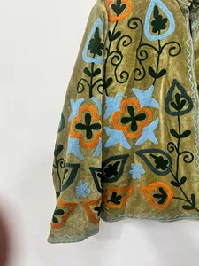 Luxury Velvet <b>Vintage</b> Cotton Suzani <b>Jacket</b> Multicolor Floral Embroidered Boho Full Sleeve V-Neck Handmade Breathable <b>Women</b> - Product Image 1