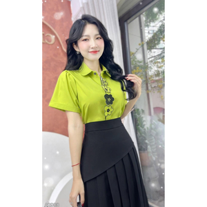 High Quality All Seasons ODM Regular Women Short Sleeve Shirt with Floral Applique Office Casual Solid <b>Top</b> Plain Dyed - Product Image 4