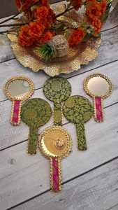Decorative Brocade hand held <b>mirror</b> for giveaways for wedding haldi mehndi baby shower Favors henna nights dholki nights - Product Image 4