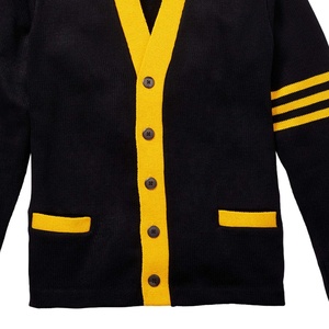 University <b>Men</b> wholesale Custom <b>Men</b> <b>Knitted</b> <b>Cardigan</b> Sweater Yellow Black Varsity VNeck OEM Striped Sleeve college style sweater - Product Image 3