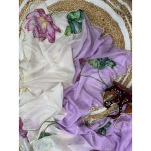 Belle création violet imprimé floral non cousu tenue de soirée saree et robes de bal - Product Image 5