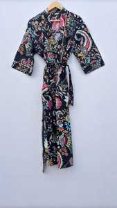 Bata Larga Estampada para Mujer, Manga Tres Cuartos, Cuello Mandarín, Cierre con Cordón, Algodón Suave Tejido, Ropa Casual de Otoño - Product Image 4